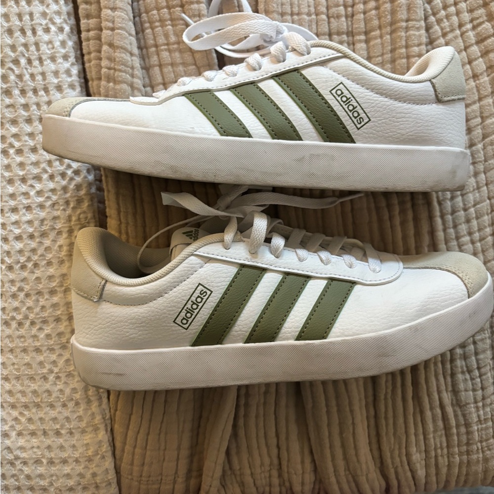 Women’s Adidas White and Olive Sneakers